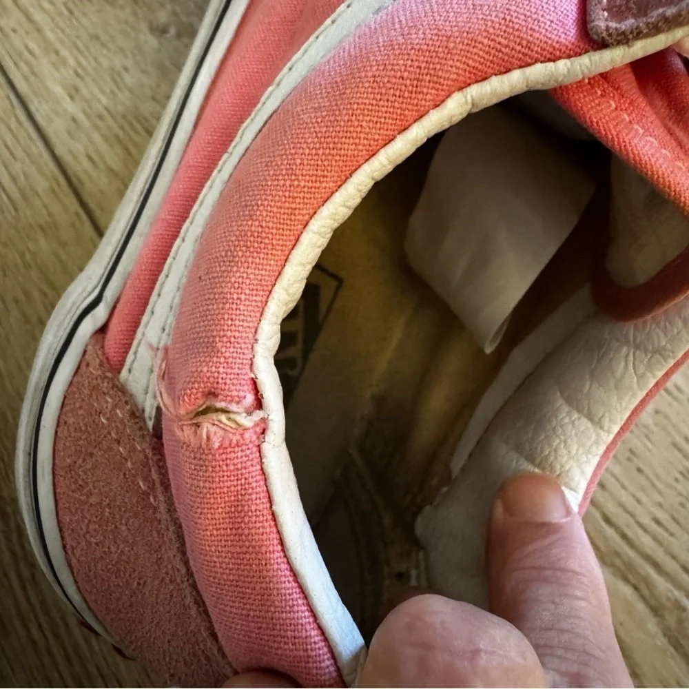 Pink and white Vans sneakers, lace up, suede tips, size 9.5 M or 11 W.